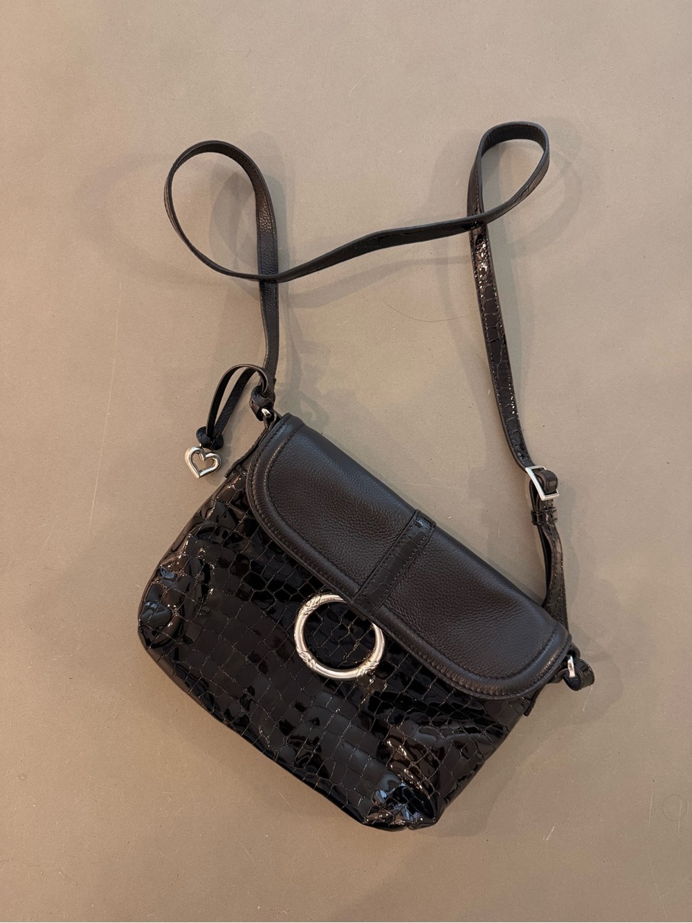 Vintage Brighton Patent Croc Black Crossbody Bag with Silver Ring Detail